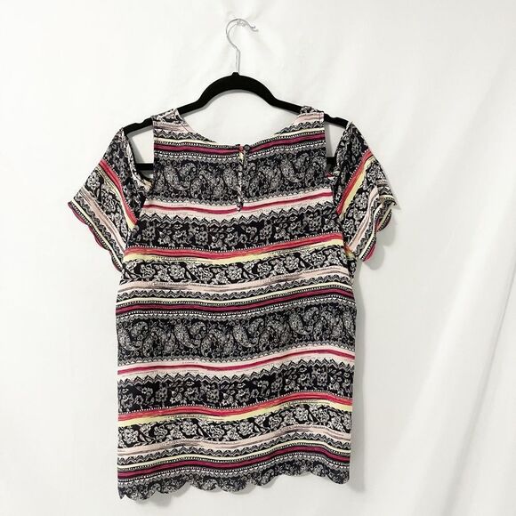 iZ Byer Cold Shoulder Floral Pattern Navy, Pink, Yellow Stripes Top Size M - Picture 2 of 8